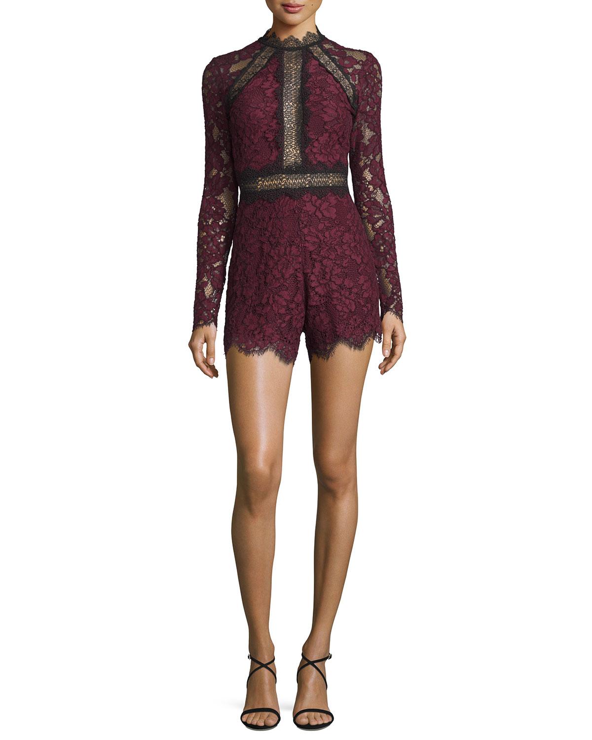 Lace Panel Black Long Sleeve Blossom Print Romper